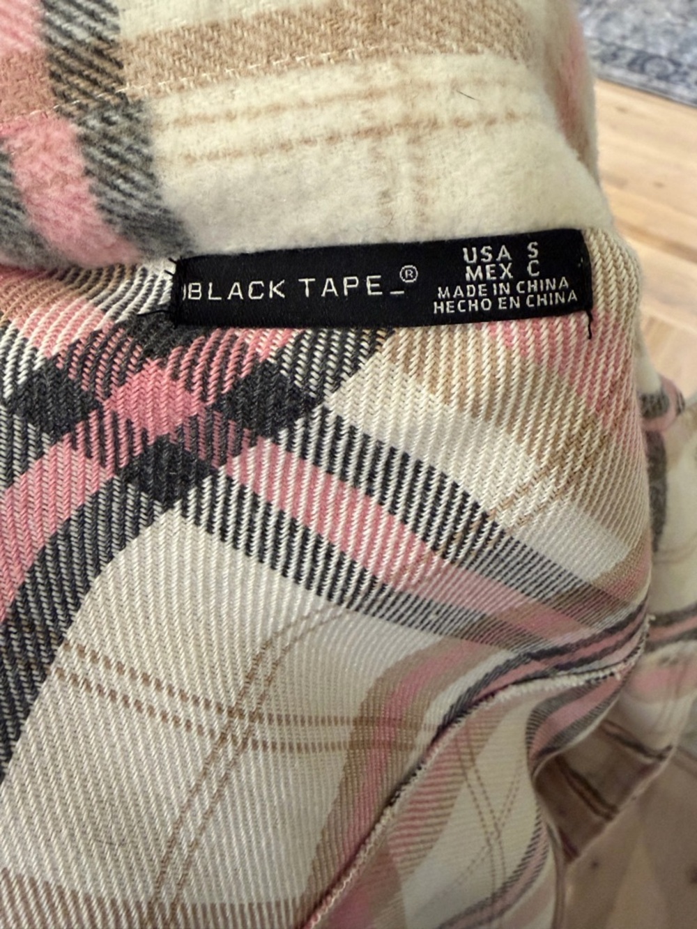 Black Tape Plaid Button-Front Oversized Shacket in Cream and Pink - Picture 3 of 4